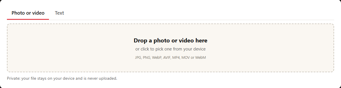 The AI watermark detector with a box to drop a photo or video and a tab for pasting text