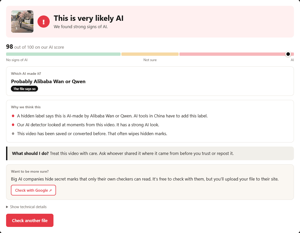 An AI watermark checker result reading This is very likely AI, with a score of 98 out of 100, Alibaba as the likely maker, and plain reasons