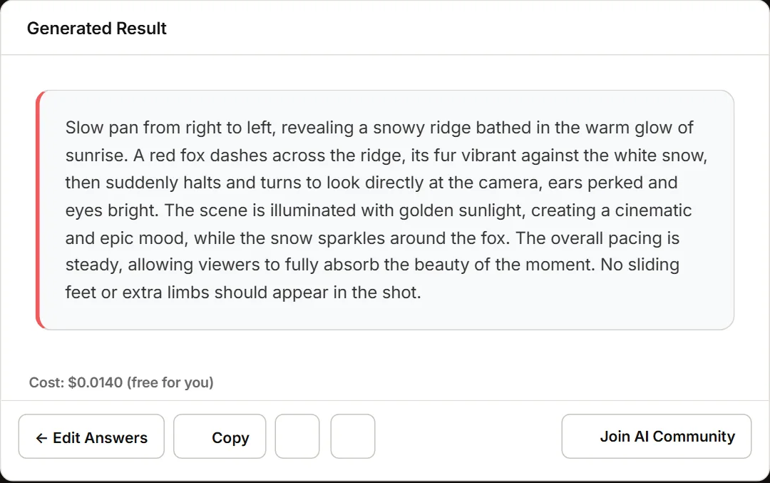 Example result from the Kling Video Prompt Generator