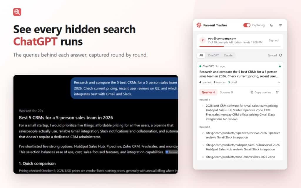 Query Fan-out Tracker extension popup listing the web searches and cited sources behind a ChatGPT answer