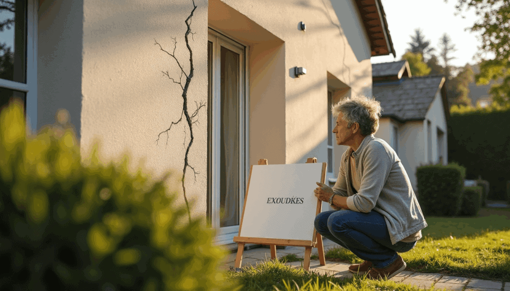 Person inspects cracked house facade with fissures visible