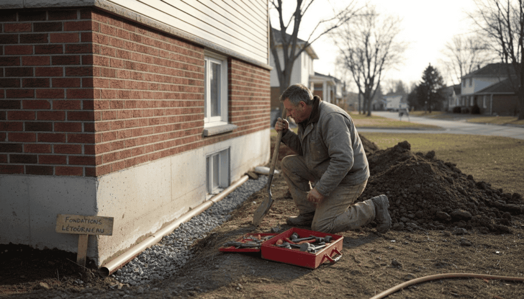 Un professionnel effectue un contrôle du drain français autour d’une maison en briques.