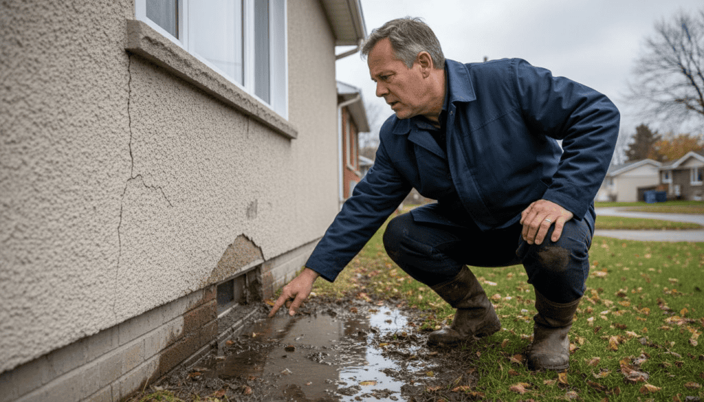 Un propriétaire inspecte sa façade pour repérer d’éventuelles infiltrations d’eau.