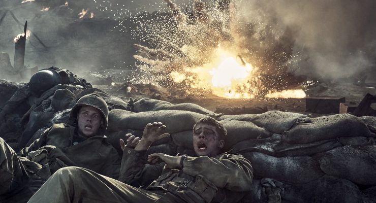 "Two soldiers in combat uniforms take cover behind sandbags as an explosion erupts nearby on a smoky, chaotic battlefield, with flames and debris filling the air."