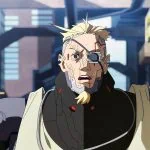 "Animated cyborg man with mechanical armor, blond hair, and an eyepatch stands in a futuristic, industrial city environment with buildings and neon accents in the background."