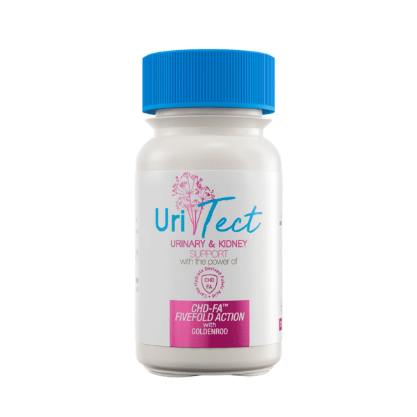 Fulvic acid supplement for urinary and kidney support in a white bottle with blue cap.