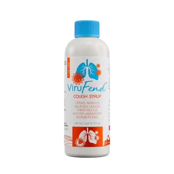 ViruFend Cough Syrup bottle with lungs and virus graphics for respiratory relief.