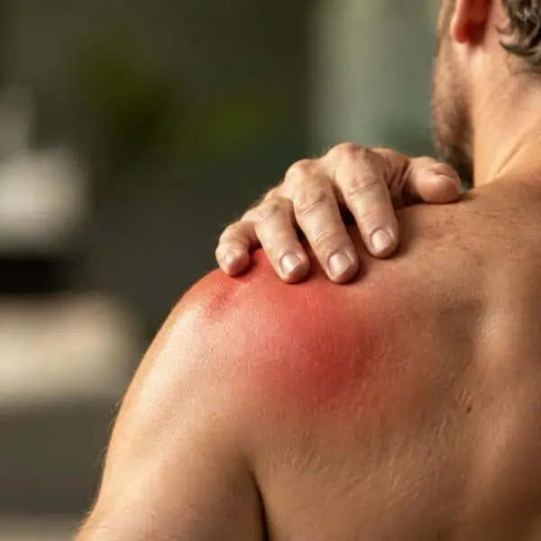Close-up of a person with inflamed shoulder, highlighting inflammation response.
