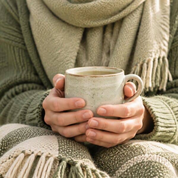 Person holding a cup of tea or coffee outdoors in a natural setting.