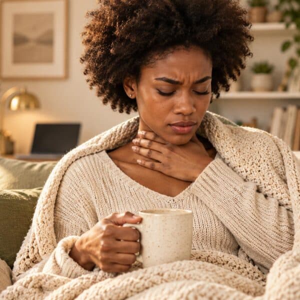 Woman with sore throat holding a mug, experiencing discomfort in a cozy living room.