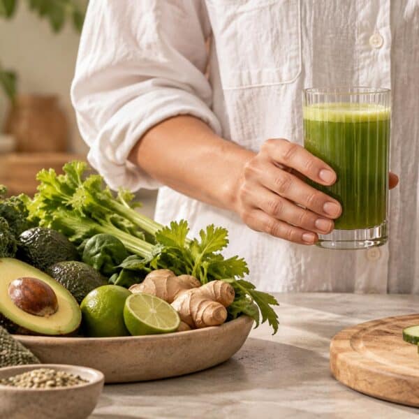 Person holding a glass of green juice with fresh vegetables and herbs.