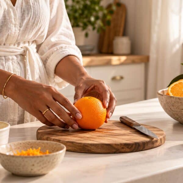 Person slicing an orange on a kitchen counter for vitamin C intake.