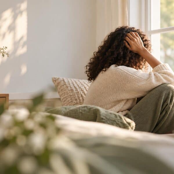 Woman relaxing by window, experiencing calm and peace at home.