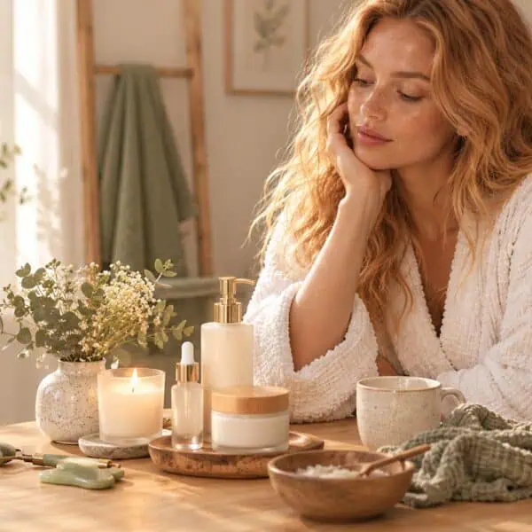 Woman relaxing with skincare products and candles in a cozy setting.
