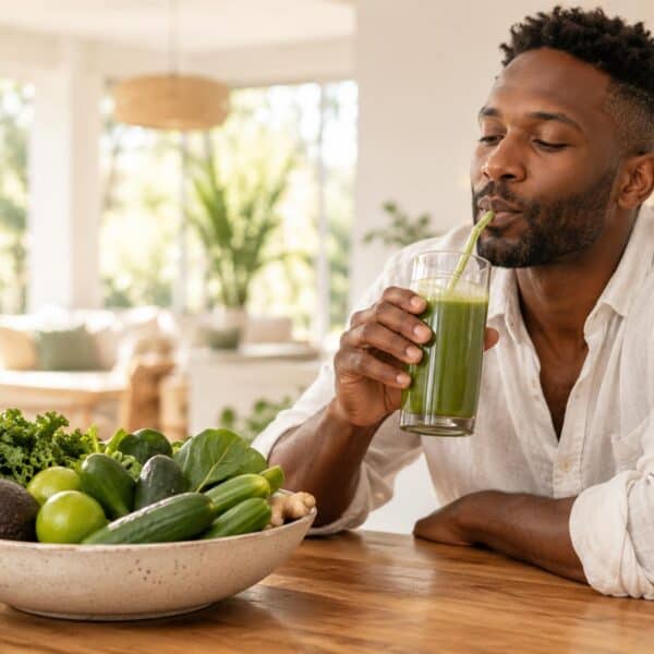 Man enjoying a healthy green juice in a bright kitchen.