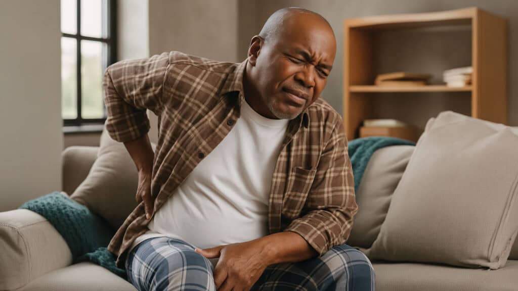 Man experiencing back pain, using fulvic acid supplement for relief.