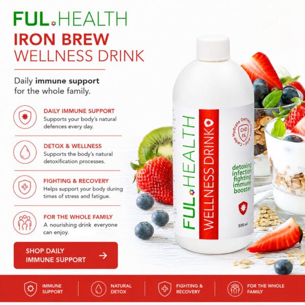 Bottle of CHD-FA™ Fulvic Acid wellness drink with berries and grains.