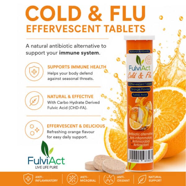 Fulvic Acid Cold & Flu Effervescent Tablets for immune support and natural relief.