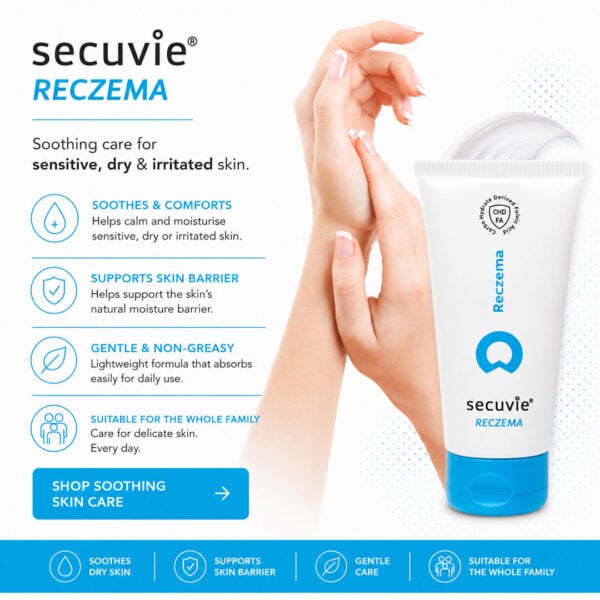 Secuvie RECZEMA soothing skin care for sensitive, dry, irritated skin.