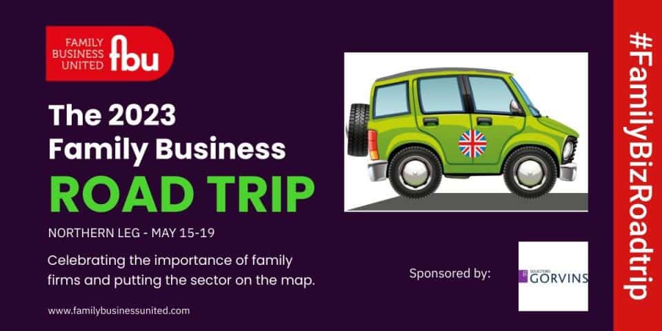 Green car with Union Jack design for Family Business Road Trip 2023 themed event.