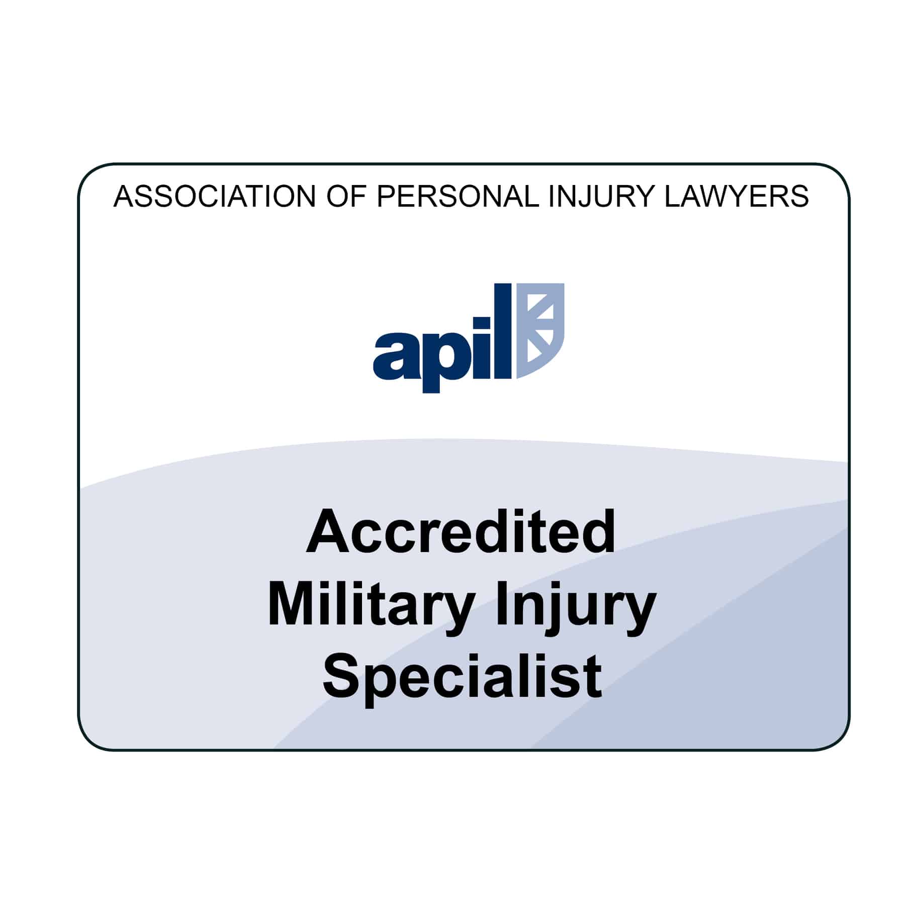 Accredited military injury specialist badge from the Association of Personal Injury Lawyers (APIL) with APIL logo, demonstrating professional recognition in military injury claims.