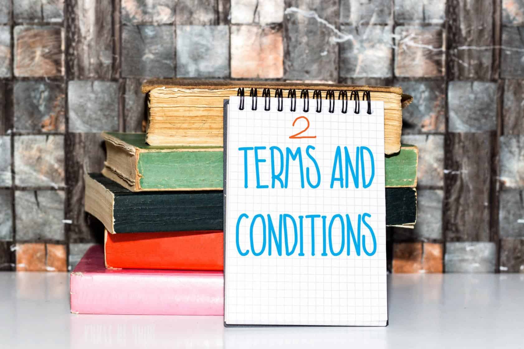 Terms and conditions, legal small print, contractual guidelines, notepad, notebook, policy, rules, legal agreement, small business document, paperwork for website or service.