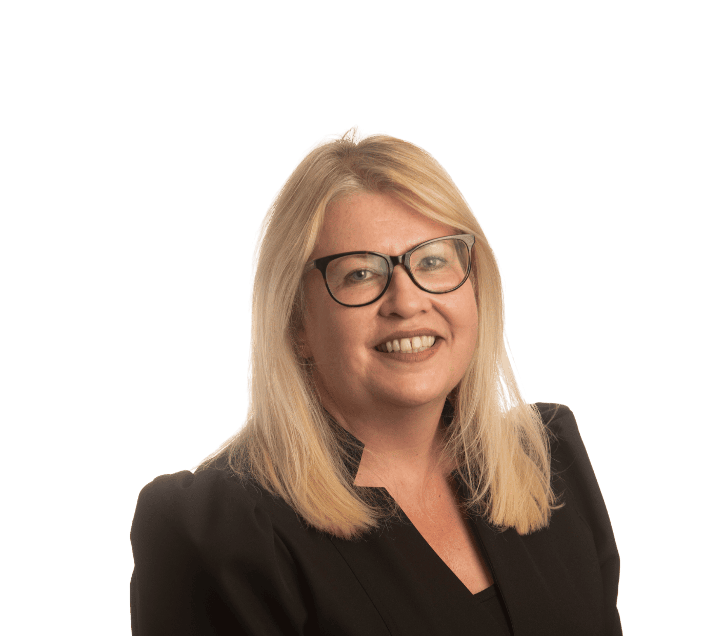 A woman with blonde hair and glasses smiling, dressed in a black blazer, against a plain background.