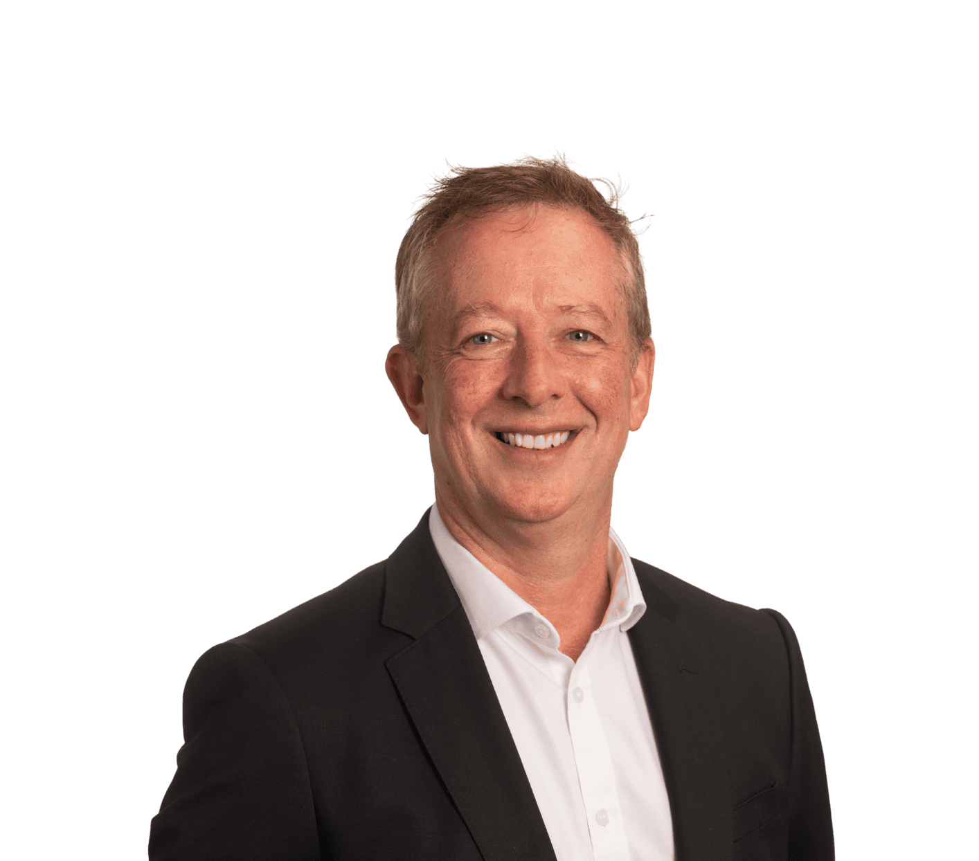 A professional portrait of a smiling businessman wearing a black suit and white shirt, set against a plain background.