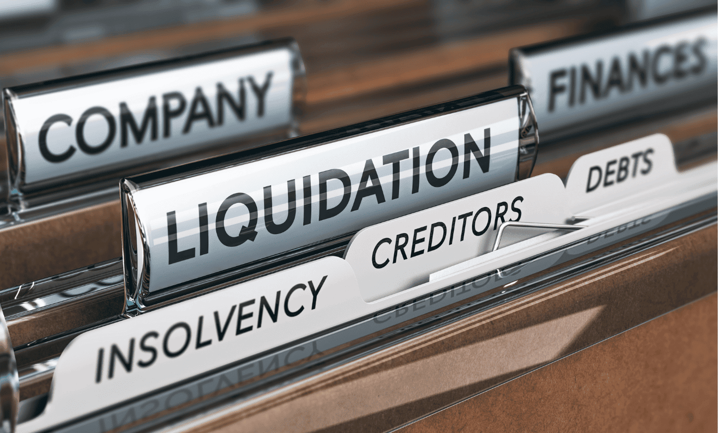 File folder labels showing 'Liquidation', 'Company', 'Finances', 'Insolvency', 'Creditors', and 'Debts' representing financial liquidation procedures.