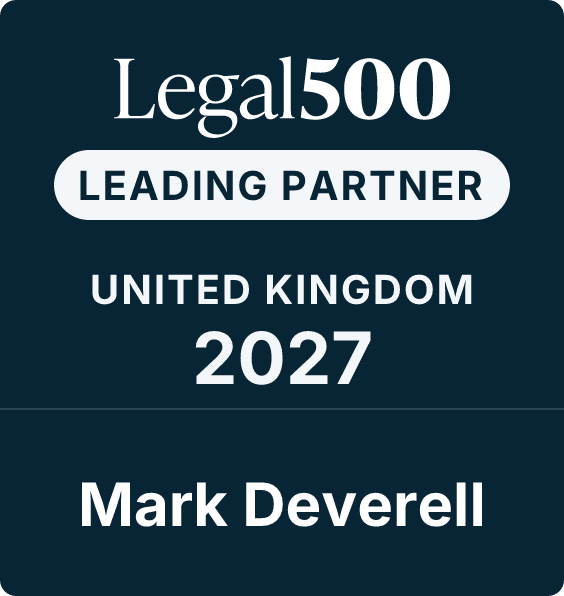 Legal500 logo indicating Mark Deverell as a leading partner in the UK for 2027, showcasing recognition in the legal industry.