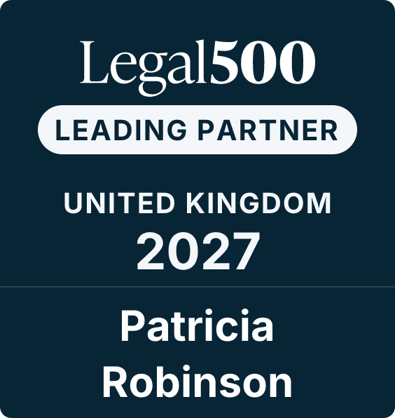 Legal 500 logo indicating Patricia Robinson as a leading partner in the UK for 2027.