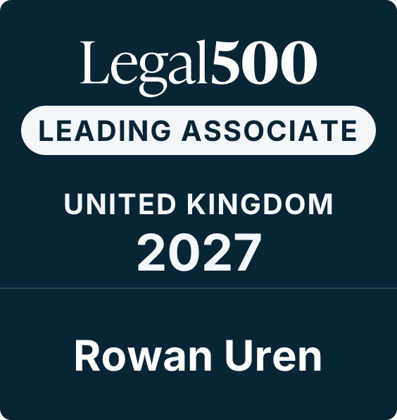Legal500 Leading Associate badge for Rowan Uren in the United Kingdom, 2027, showcasing professional recognition in the legal industry.