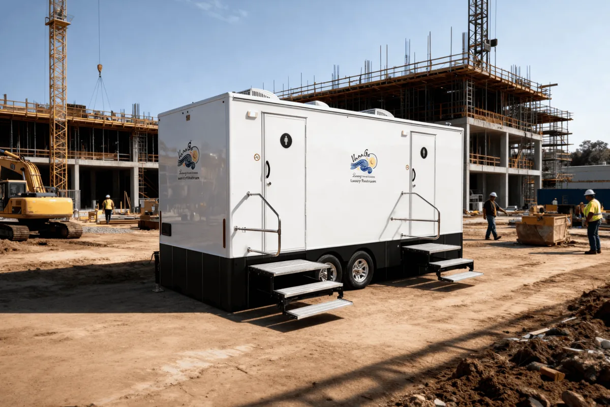 VannGo restroom trailer on an active construction site with cranes