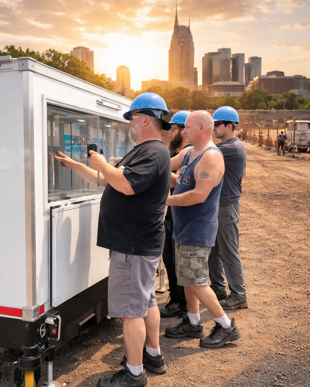 Construction crew filling water bottles at a mobile hydration station trailer on a job site
