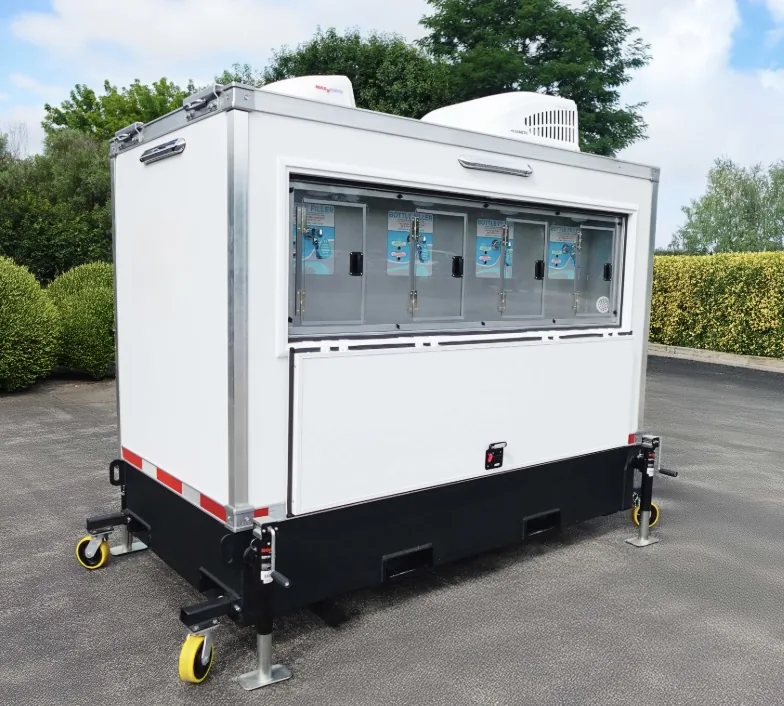 Mobile hydration station trailer with four water bottle filling stations and rooftop A/C units