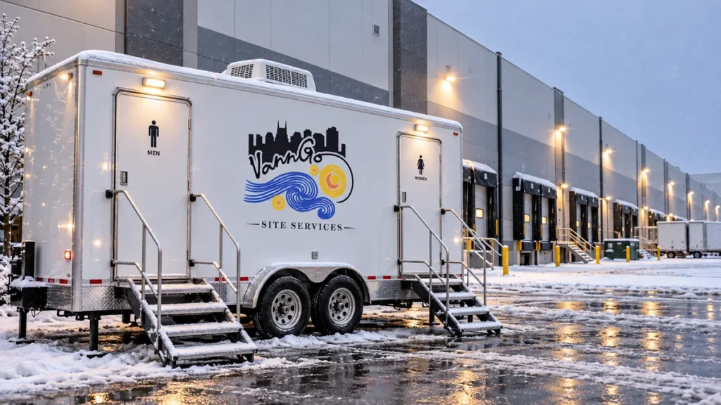 VannGo winterized restroom trailer for rent in Nashville, TN, set up outside a warehouse in the snow