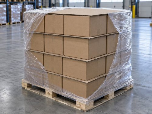 Palletized Cardboard Boxes in Warehouse