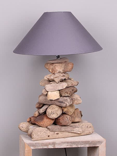 Houtdecoratie - Lichtbruin - Drijfhout - Schemerlamp met lampenkap grijs - 60x30x20 cm