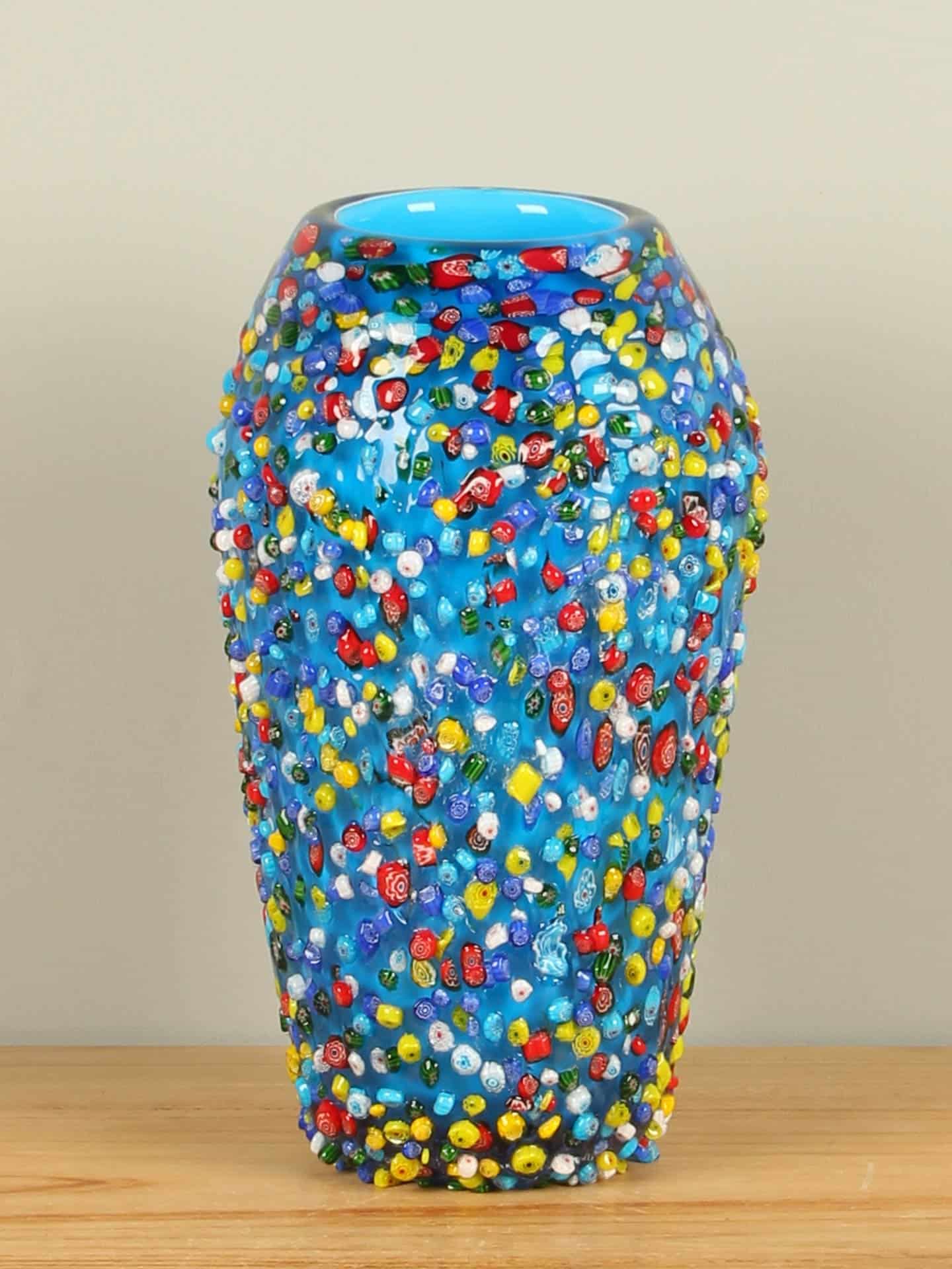 Vaas - Blauw - Glas - Kleurrijke vaas met reliëf
