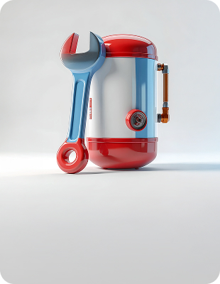 Gas boiler with wrench for maintenance and repair.