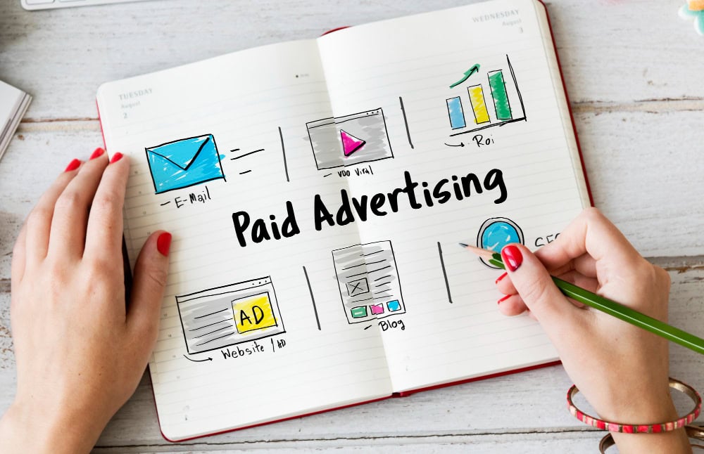 Notebook spread with hand-drawn icons and the title 'Paid Advertising' showing email, video, website ad, blog, and charts scribbled around it with a green pencil in use.