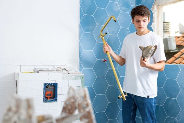 Young man installs bathroom fixtures, holding a handheld showerhead and a brass pipe against a blue hex-tile wall in a renovation.