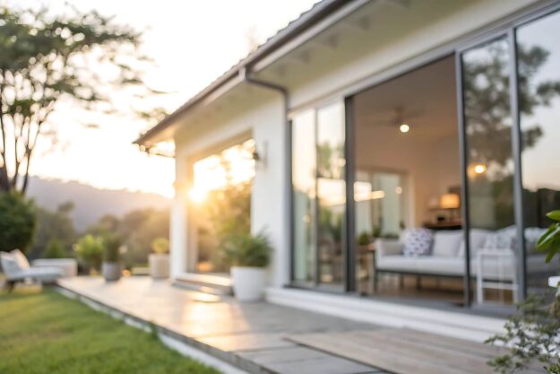 Sunlit modern house with glass sliding doors opening to a cozy outdoor seating area.
