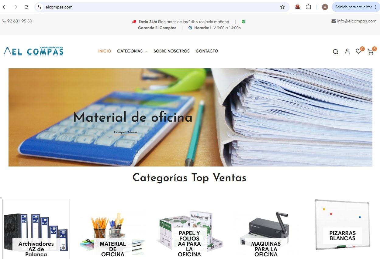 Hero banner for an office supplies site showing a calculator and a stack of papers on a wooden desk with a pencil; text reads 'Material de oficina'