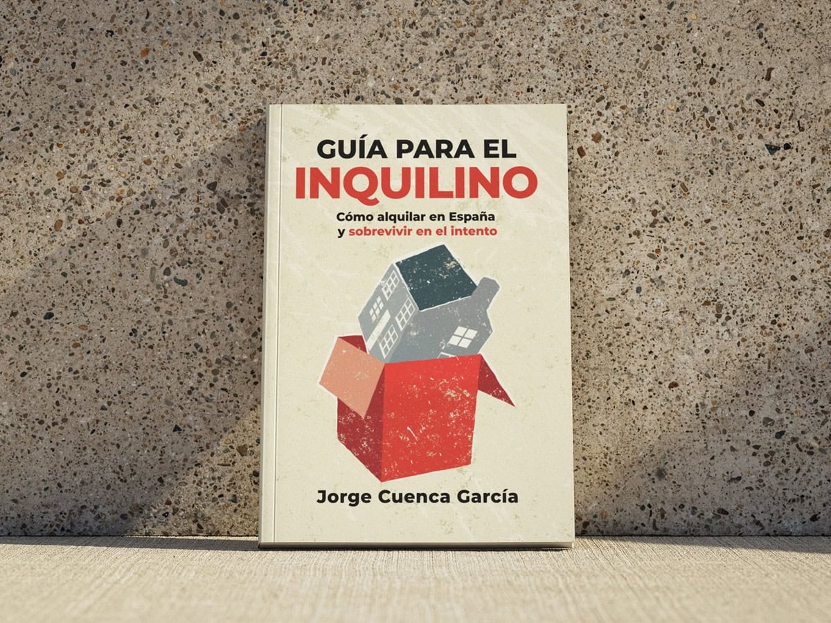 Cover of a Spanish rental guide: 'Guía para el inquilino' by Jorge Cuenca García, featuring a red box with houses emerging from it.