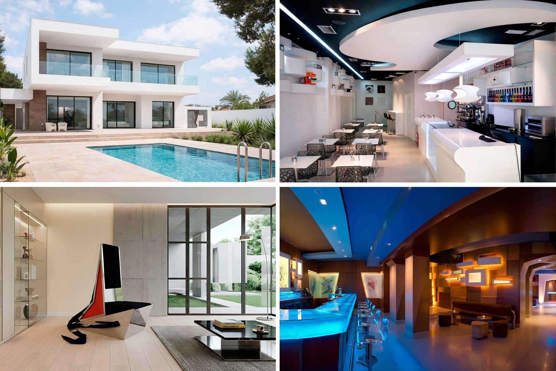 Collage of four modern spaces: an outdoor poolside house, a sleek white cafe interior, a bright minimalist living room, and a blue-lit contemporary bar area.
