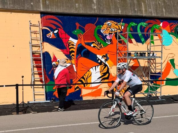 Cyclist rides by a colorful tiger-themed mural on an orange wall with scaffolding and a person in red nearby.
