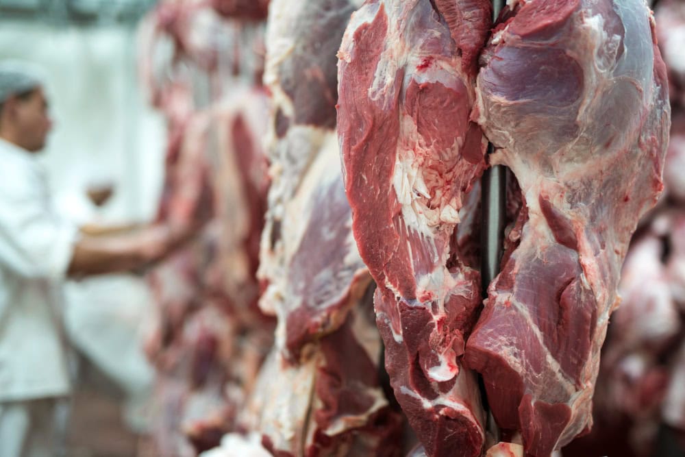 Rows of hanging raw beef cuts in a butcher shop, with a worker blurred in the background.