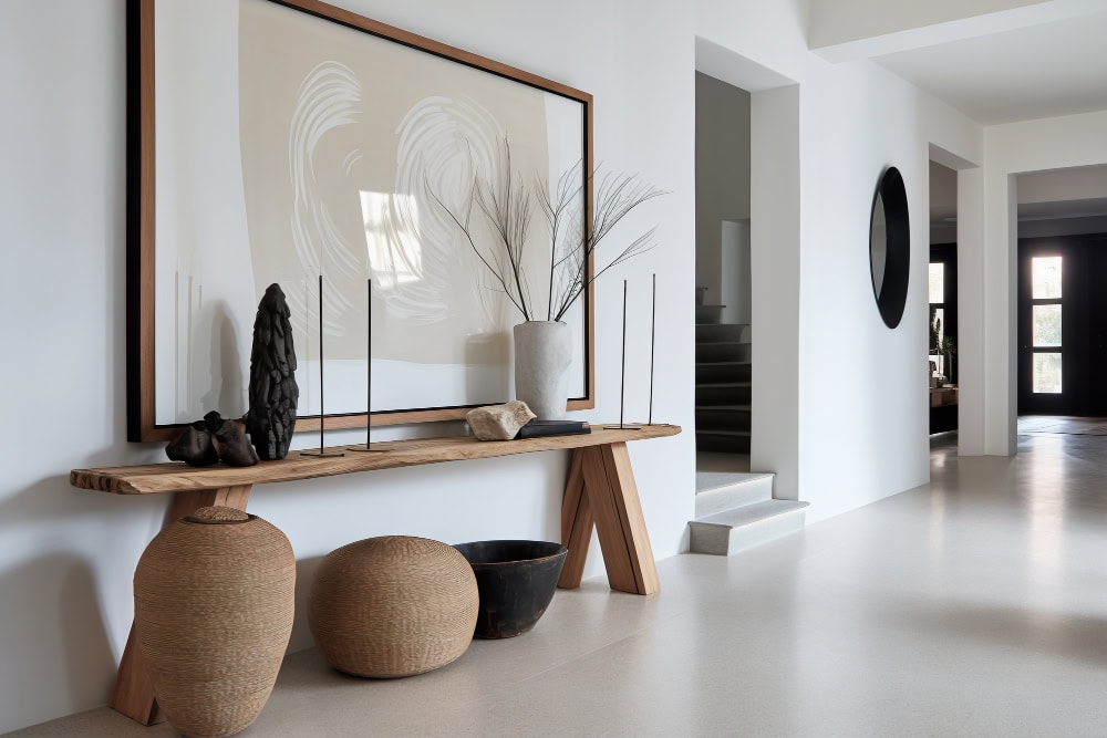 Minimalist entry hall with a wooden console table, large framed abstract art, and woven vases and bowls on the floor.