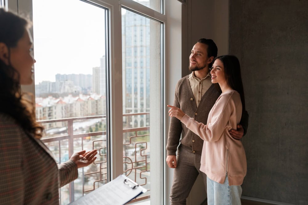 Real estate agent showing a couple a new apartment with large windows and a city view in the background.